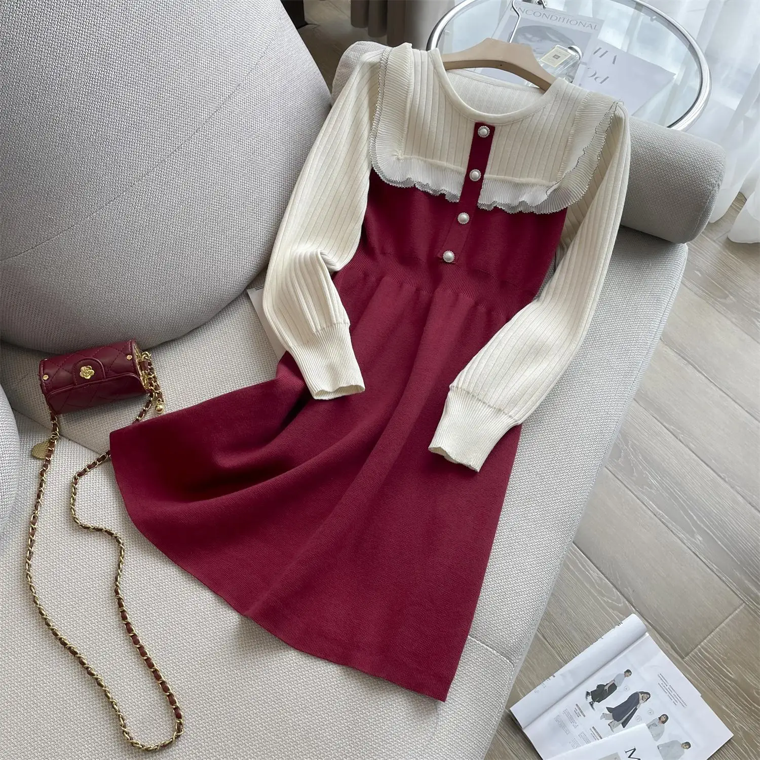 

Autumn Winter Long Sleeve Kintting Sweater Dresses Women 2022 Fashion Ruffle Button Patchwork Elegant Female Dress Robe