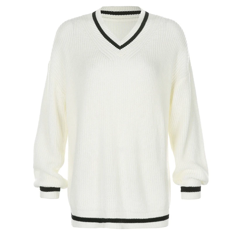 

Women England Preppy Style Striped V-Neck Sweater Solid Color Ribbed Knitted Pullover Top Loose Long Sleeve Jumper Shirt Autumn