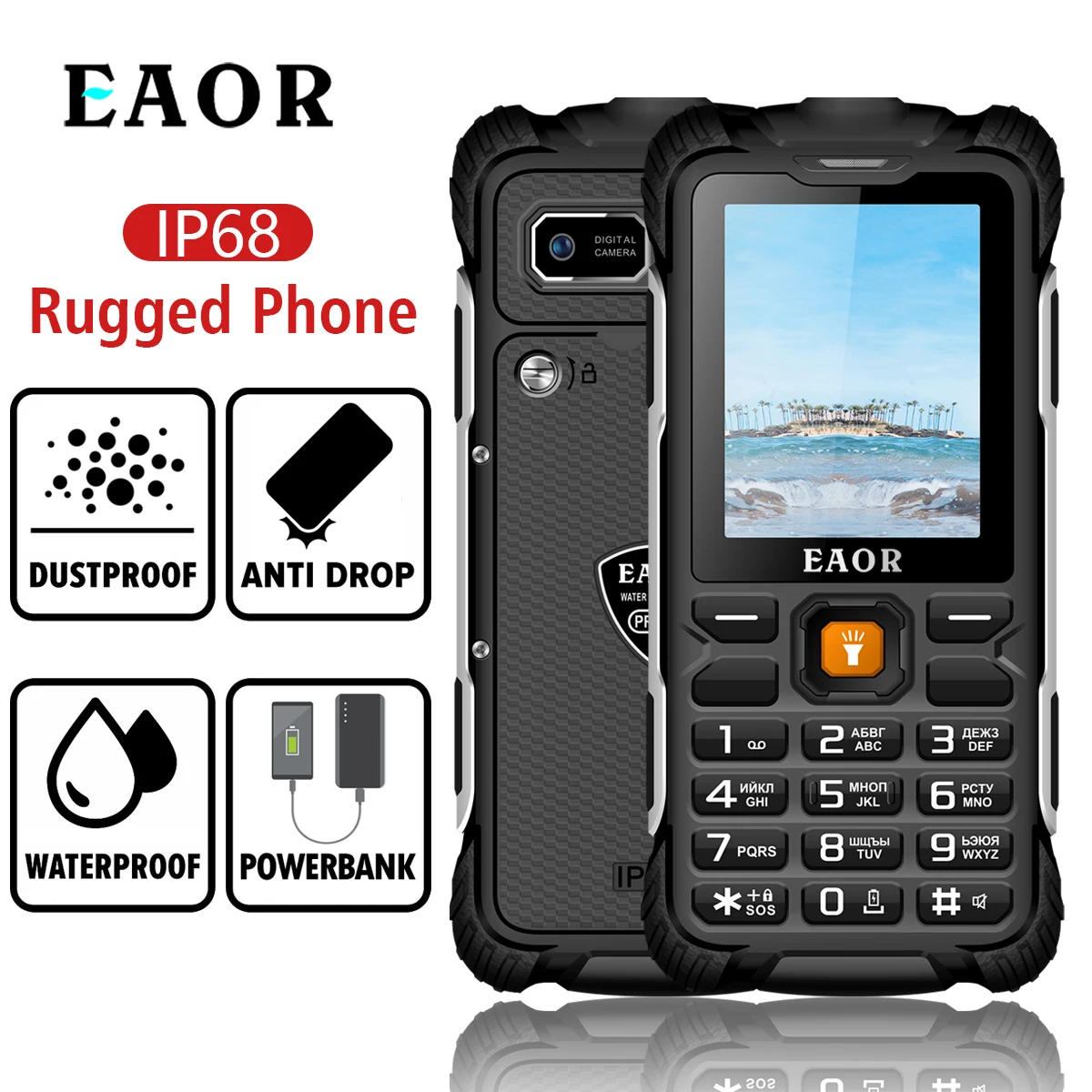 EAOR Dual SIM Card 2G Rugged Phone IP68 Water/Dust-proof Feature Phone 3000mAh Battery Reverse Charging Keypad Phone with Torch