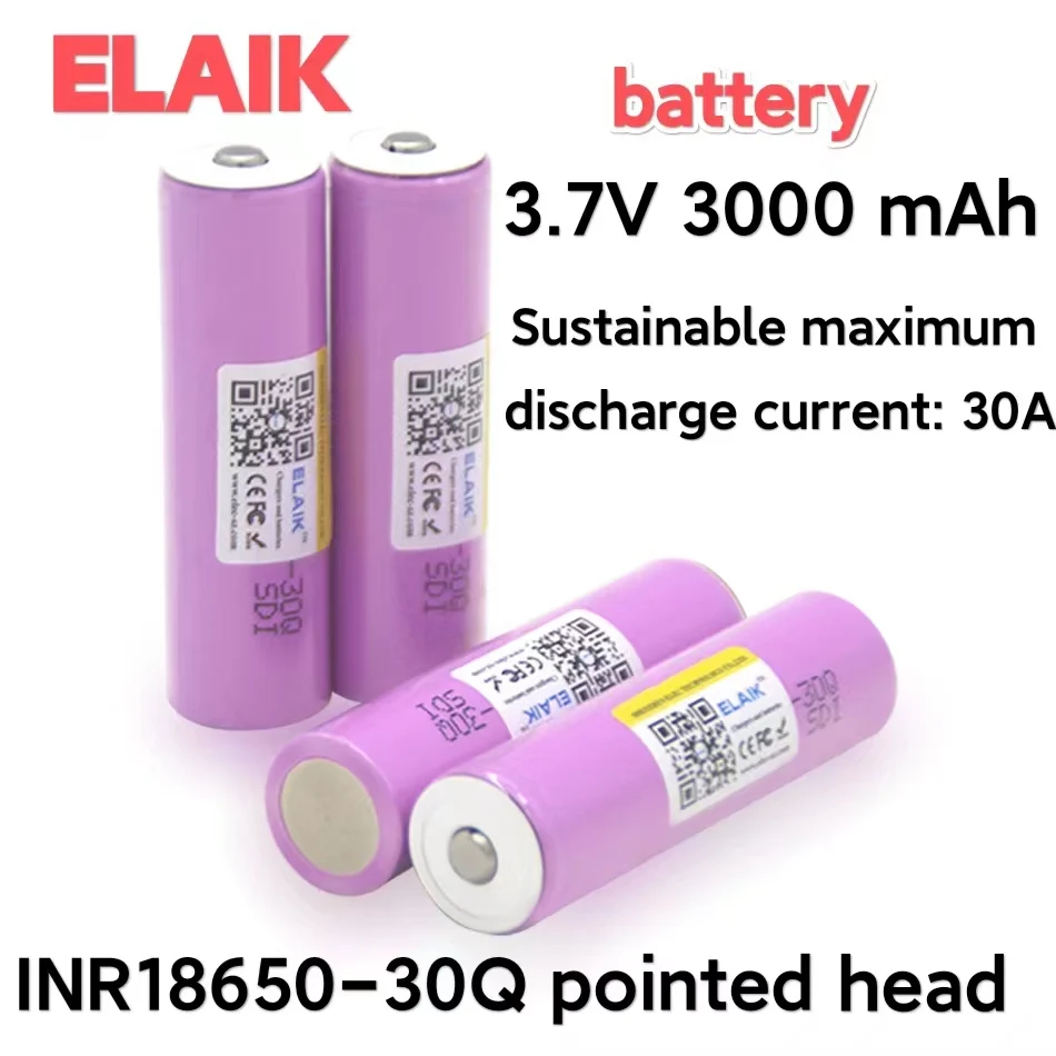

EALIK 3PCS 100% original brand new 30Q INR18650 battery 3.6v 3000mah lithium-ion rechargeable battery+DIY tip