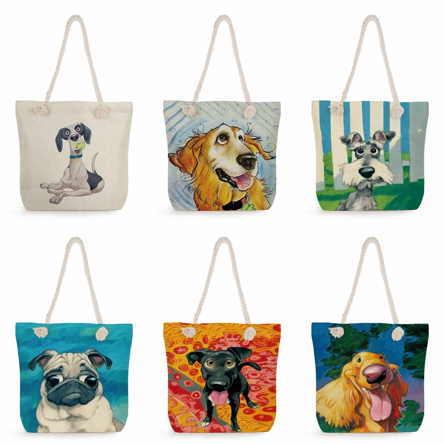 

Storage Handbags Schnauzer Golden Retriever Print Shopping Bag Eco Reusable For Ladies Dog Animal Graphic Women Shoulder Bags
