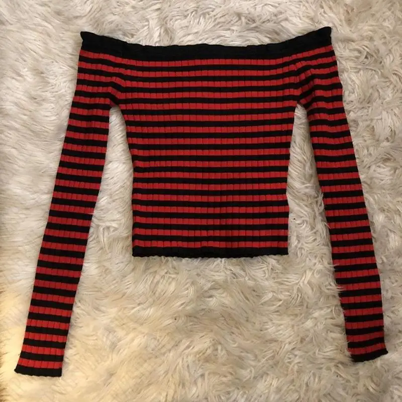Y2k Women Red And Black Stripes One Shoulder Slim Knitted Sweater Harajuku Aesthetic Pullover Gothic Streetwear Emo-Girl Clothes