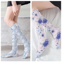 new fashion women stockings flower pattern print long socks elastic spring summer breathable soft ladies stockings