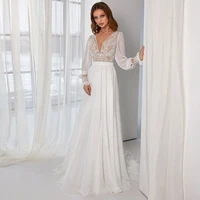 weilinsha classic chiffon wedding dress long sleeves lace court train appliques v neck bridal gowns custom made robe de mari%c3%a9e