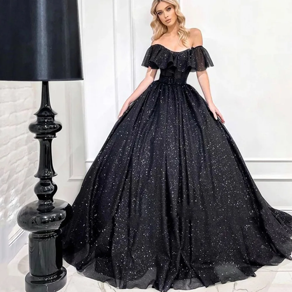 

New Black Off Shoulder Sweetheart Evening Dresses For Women Elegant A-Line Sweep Train Tulle Cocktail Dress Sparkling Gowns