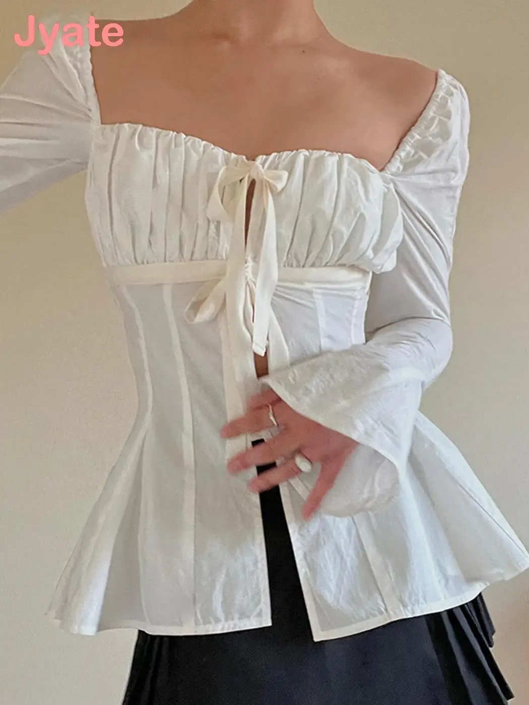 

Jyate Fairycore Cardigan Women Autumn Y2k Sweet Slash Neck Lace-up Flare Sleeve Tops Ladies Aesthetic Harajuku Slim T-shirts