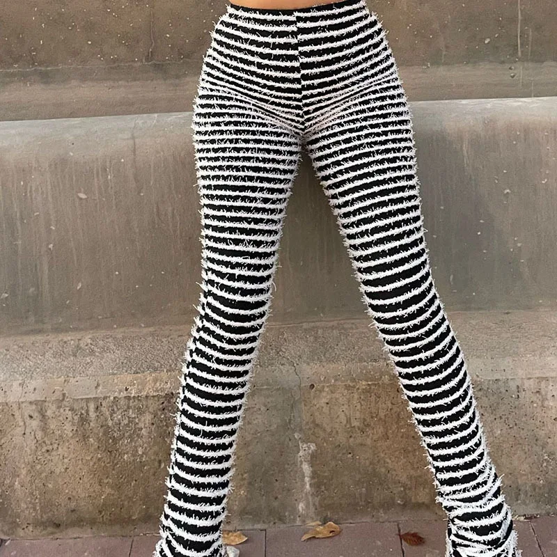 HGTE Black and White Striped Knitted Stacked Pants Women Bottoms 2023 Streetwear Extra Long High waist Flare pants main product image