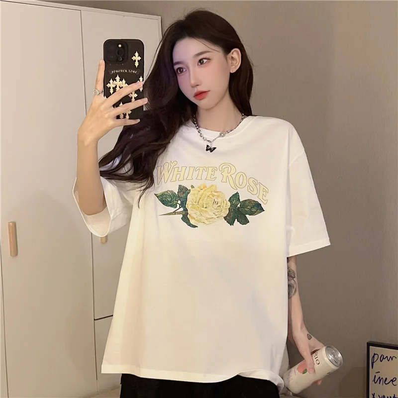 

Vintage Lazy Rose Letter Print Loose Tshirt Women's T-shirts Tops Japanese Cute Ulzzang Female Korean Harajuku Clothes For Women