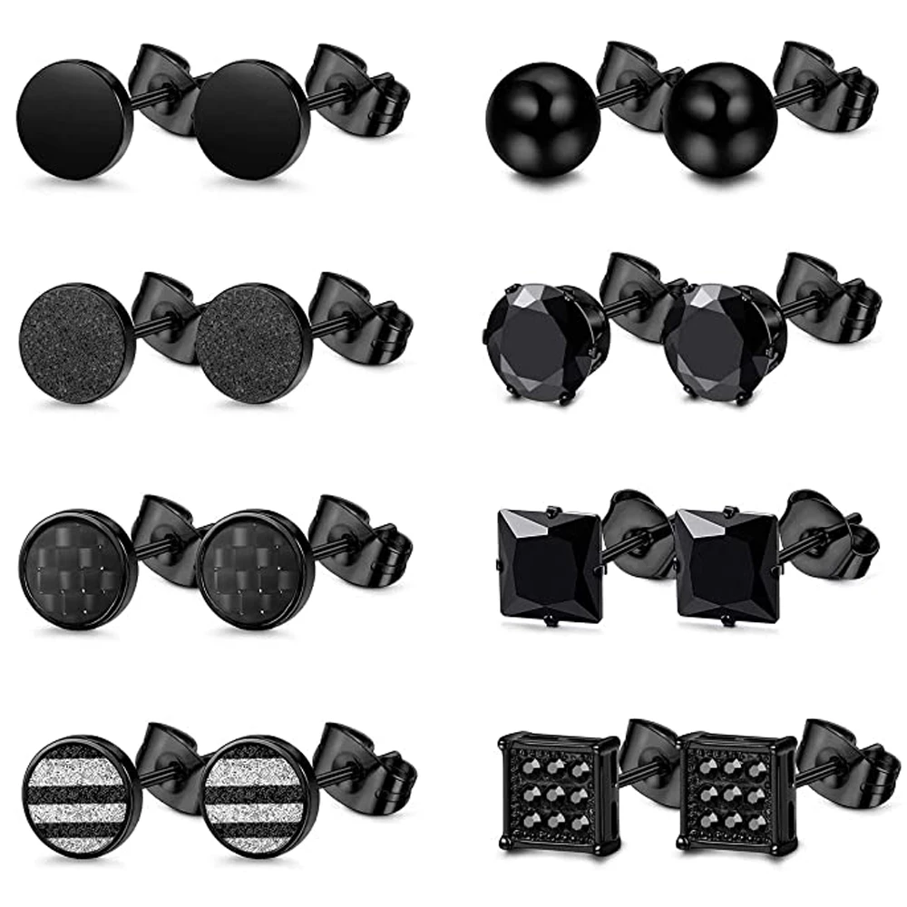 WKOUD 8 Pairs Stainless Steel Black Stud Earrings For Men Women Round Ball Cubic Zirconia Stud Earring Black Carbon Fiber Set