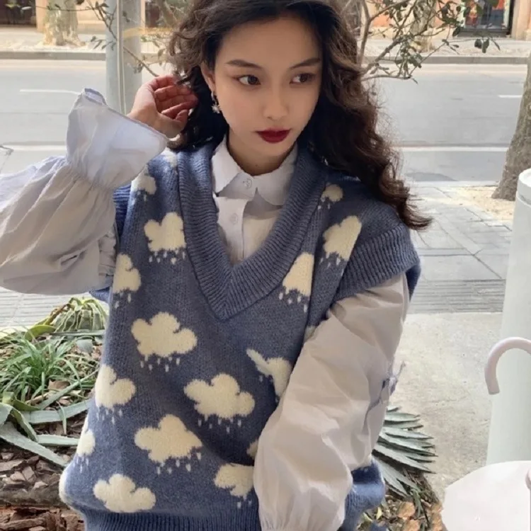 

Winter Sweater Vests Women Clothes Korean Fashion Japanese Lovely Cartoon Cloud Pattern Knit Tops Sleeveless Pullover Sweaters