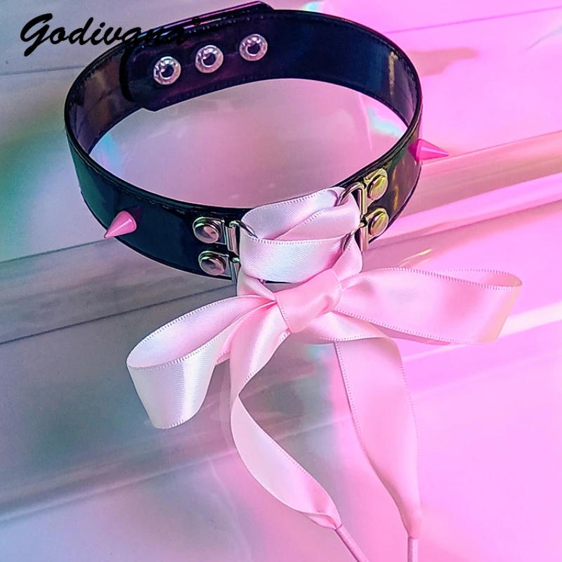 

Sweet Cool Japanese Style Accessories Hot Girl Lace Fashion Jewelry Bandage Bow Leather PU Collar Y2K Punk Necklace for Women