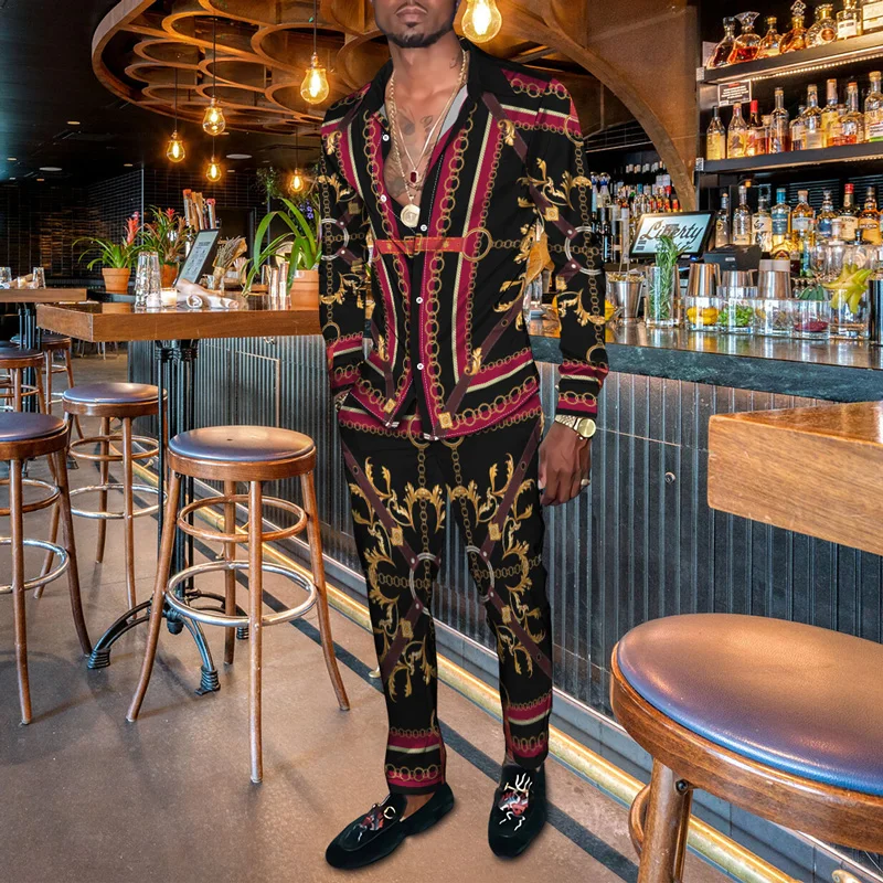 Men's Long-Sleeve Button-up Shirt Trousers Two-piece Suit Slim Business Shirt Male Retro Style Printed Formal Men's Clothes
