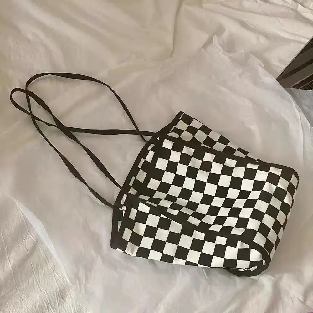 

Women Tote Bag Canvas Plaid Checkerboard Shoulder Bag Purses and Handbags High-Capacity Girls Bag Simple