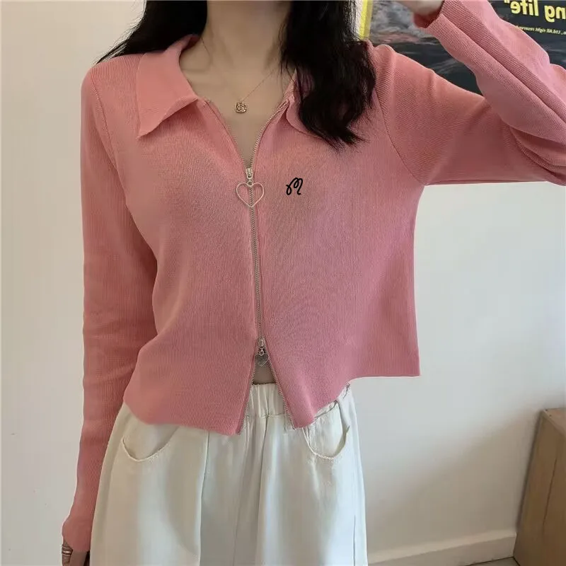 2023 Spring New Versatile Golf Zipper Sweater Long Sleeve Knitted Cardigan Women's Golf Jacket Top Fashion Slim Fit Short Top