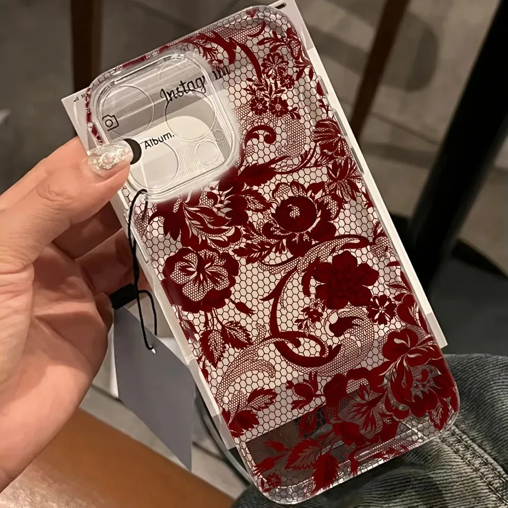 Фото Красный матовый чехол для телефона с кружевным дизайном для Oppo Reno15 Reno14 Reno13 Reno12 Reno11 Reno10 Reno8 Reno7 Reno6 F Z Pro 5G, прозрачный ТПУ №5
