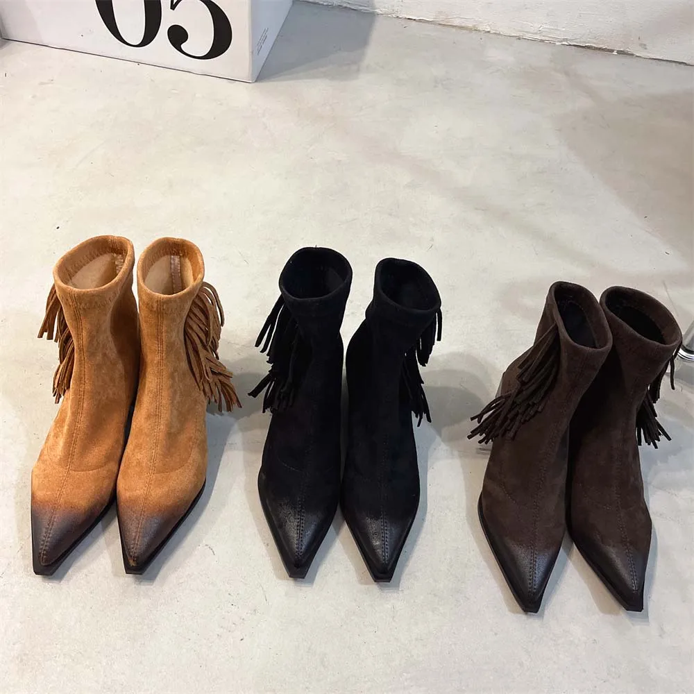 

Fashion Women Ankle Boots Pointed Toe Sock Stretch Botas Flat Mid Heels Sexy Black Brown Khaki Winter Autumn Ladies Boots Woman