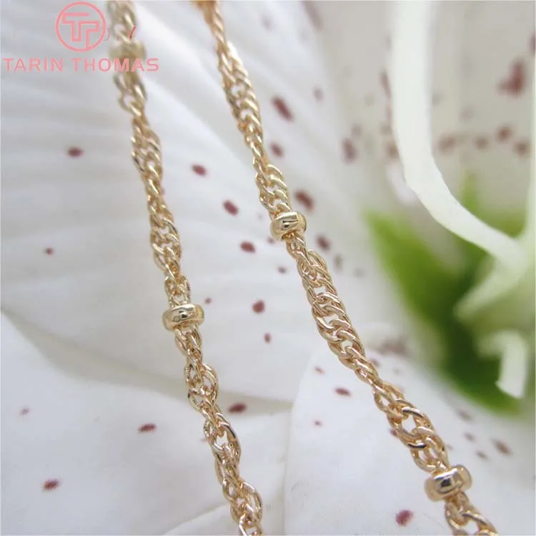 

(4278)2 Meters Width 1.7MM 24K Champagne Gold Color Copper Twisted Link with Station Beads Necklace Chains Quality Accessories