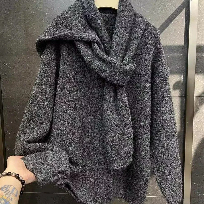 Модный серый кашемировый свитер с шарфом и воротником женский элегантный