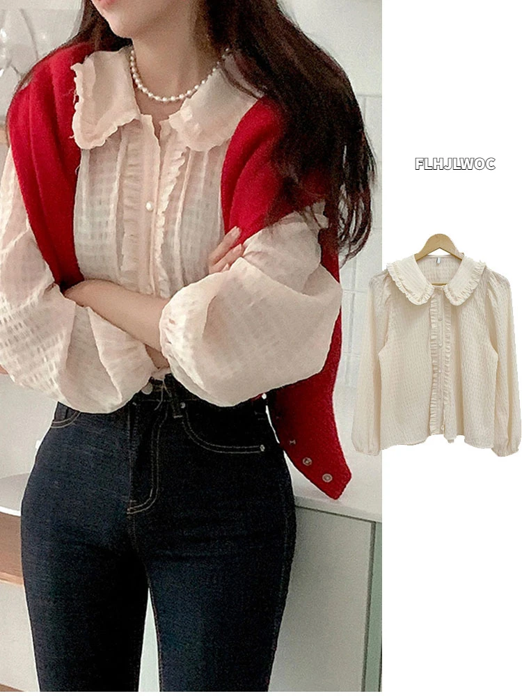 

Chic Korea Cute Doll Shirt Button Design Women Sweet Japan Girls Vintage Retro Ruffled Pink Peter Pan Collar Tops Blouse