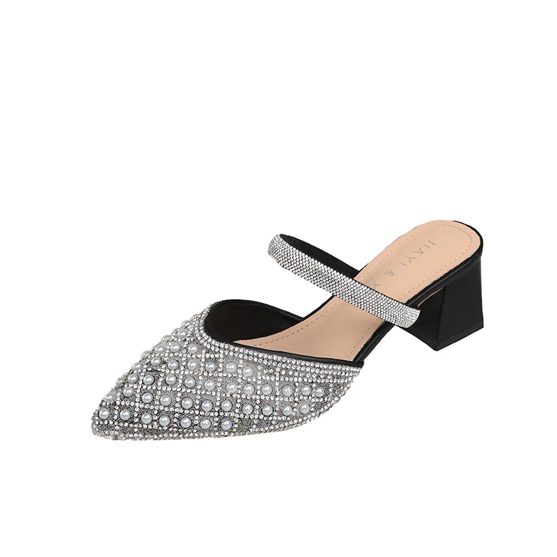 Woman Sparkly Pearl Pointed Toe Sandals Elegant Party Shoes Medium Heels Wedding Casual Chunky Heels Slippers Luxury Comfortable