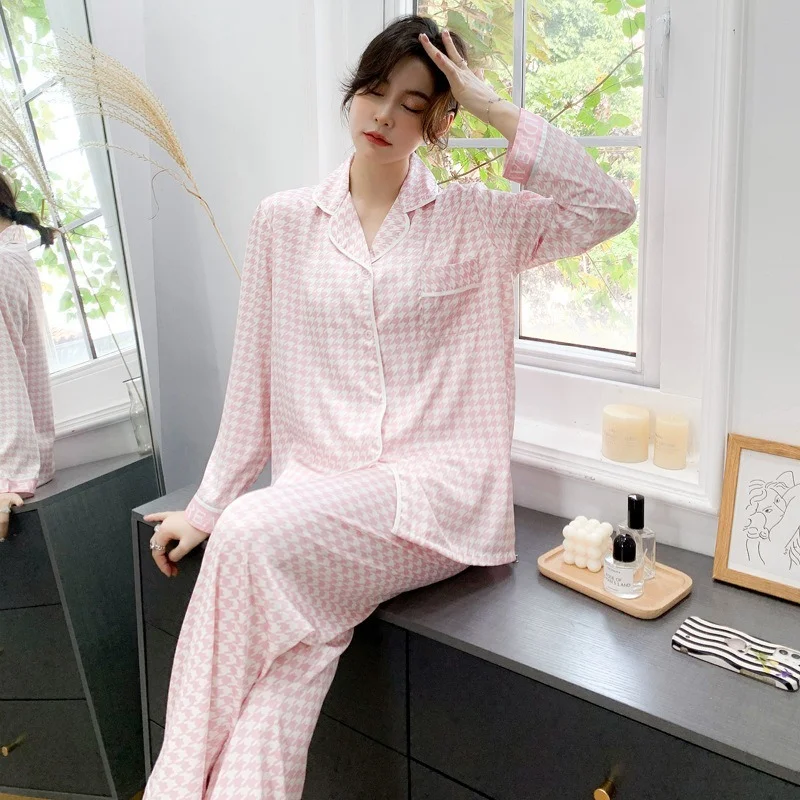 QWEEK Silk Houndstooth Women's Pajamas Satin Sleepwear Autumn Pijamas Elegant Pyjamas Luxury Loungewear Long Sleeve Female Set