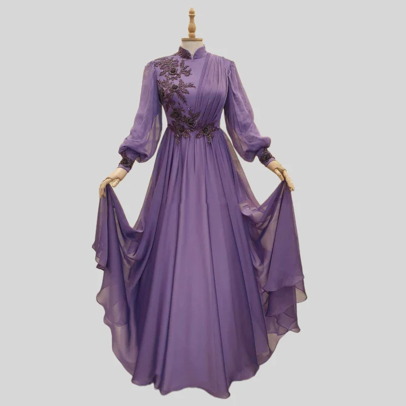 

Purple Moroccan Kaftan Muslim Evening Dresses A-line Long Sleeves Chiffon Applique Beaded Dubai Arabic Turkey Abaya Islamic Gown