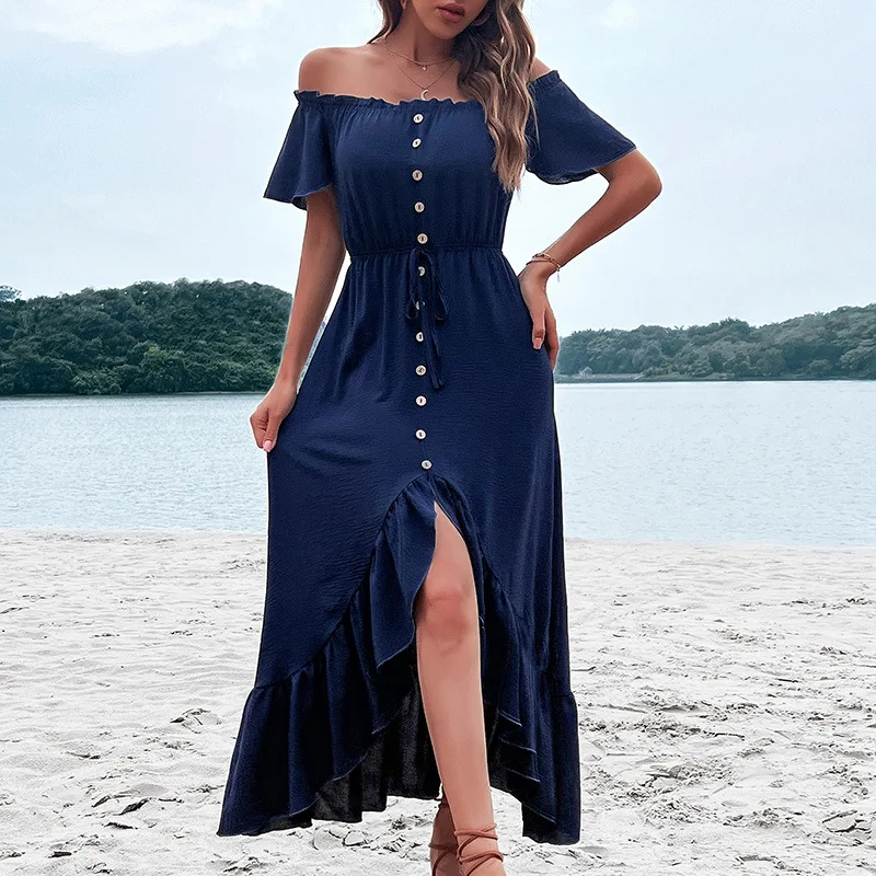 

Beach Dresses Shoulderless Off Shoulder Short Sleeve Button Up Ruffles Asymmetrical Dress Summer Women Solid Deep Blue Sundress