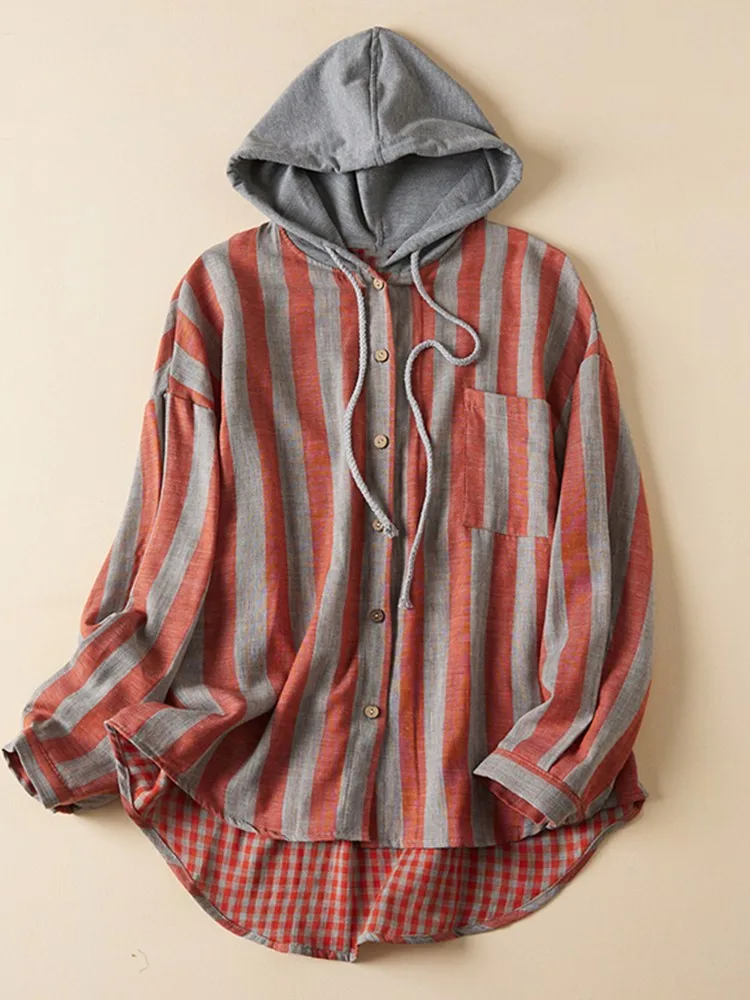 

100% Cotton Women Long Sleeve Casual Shirts New 2022 Autumn Vintage Striped Loose Comfortable Female Hooded Tops Shirt B2137