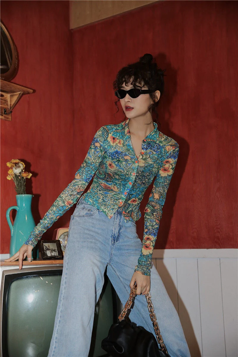 

Printed Mesh Short Fitted Shirt Summer Women Tops