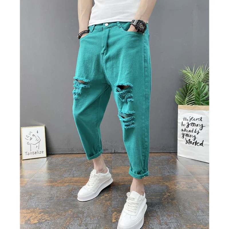 2022New Men's Big Ripped Ankle-Tied Jeans Korean Style Trend Society Guy Ankle-Length Pants Ankle-Tied Harem Pants