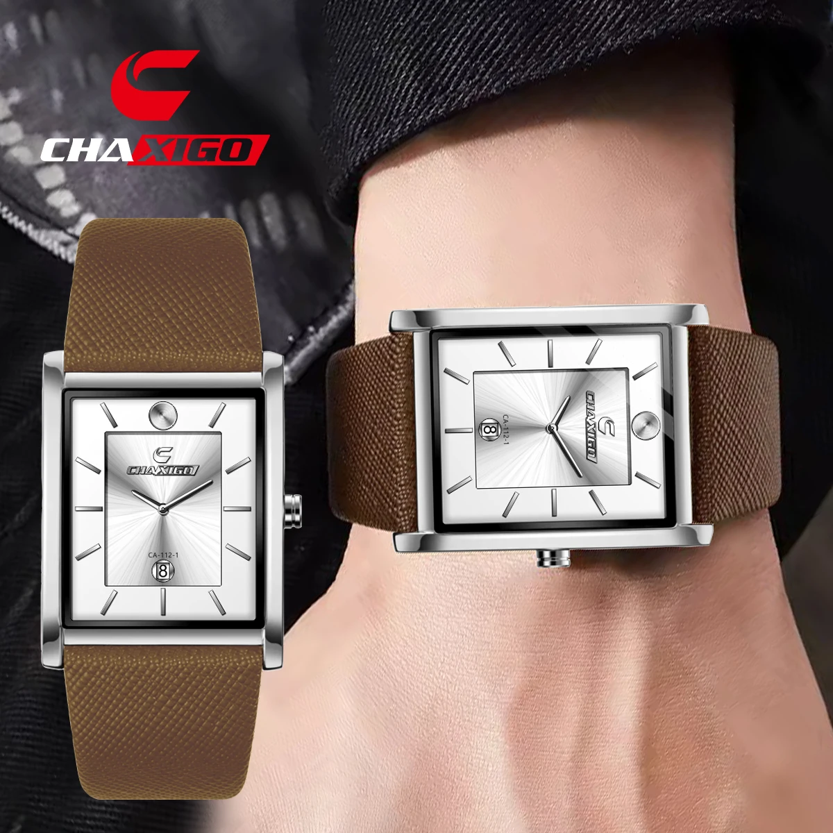 Фото Мужские модные повседневные часы CHAXIGO с квадратным корпусом, кожаным ремешком, застежкой-пряжкой, минеральным стеклом, водонепроницаемостью 30 м, деловые часы №1