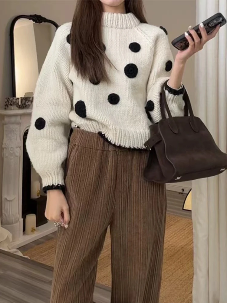 Gentle Wind Soft Glutinous Polka Dot Lantern Sleeve Sweater Women Autumn and Winter Unique Age-Reducing Thickened Knit Loose ...