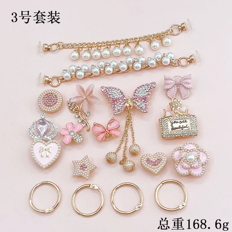 Luxury Brand Design Croc Charms Bling Rhinestone Butterfly Metal Decoration for Clogs Pearl Chain Charm Pink Bow Accessory Gift