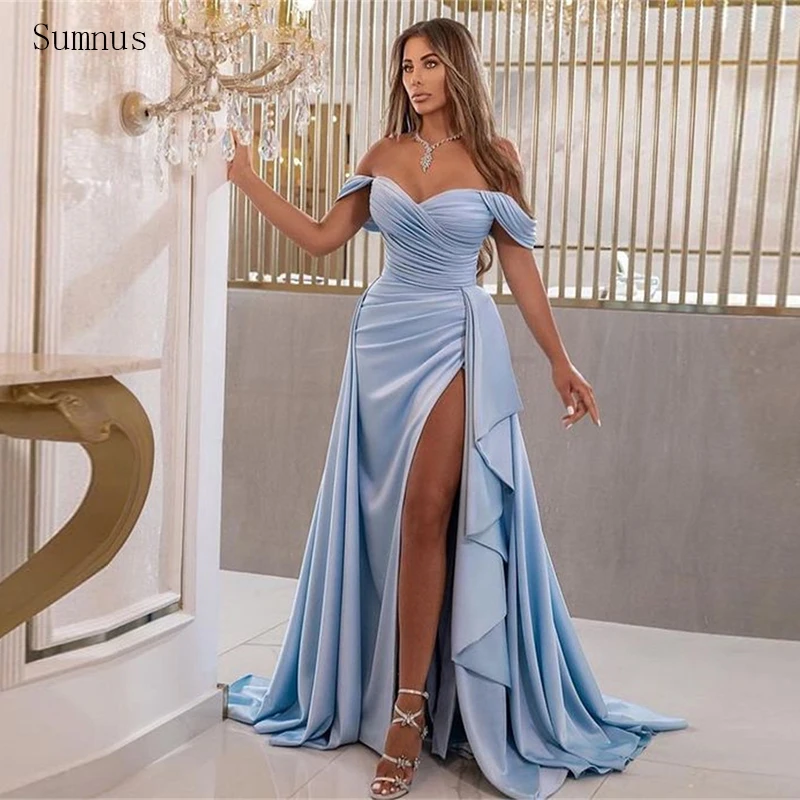 

Sumnus Sky Blue Modern Evening Dresses 2022 Off The Shoulder Mermaid High Side Slit Stain Long Robes De Soirée Vestidos De Gala