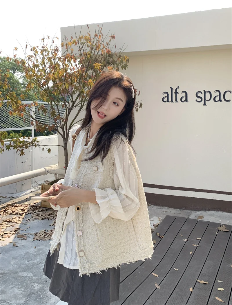 

GY2318 Tweed waistcoat+lace-up long-sleeved shirt Women's spring 2023 new French fashion suit