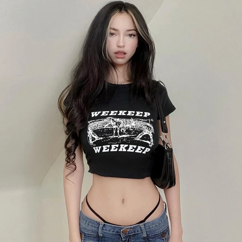 

Укороченный топ с принтом 2022, белая футболка с коротким рукавом, уличная одежда, пуловеры с круглым вырезом, женская летняя повседневная фут...