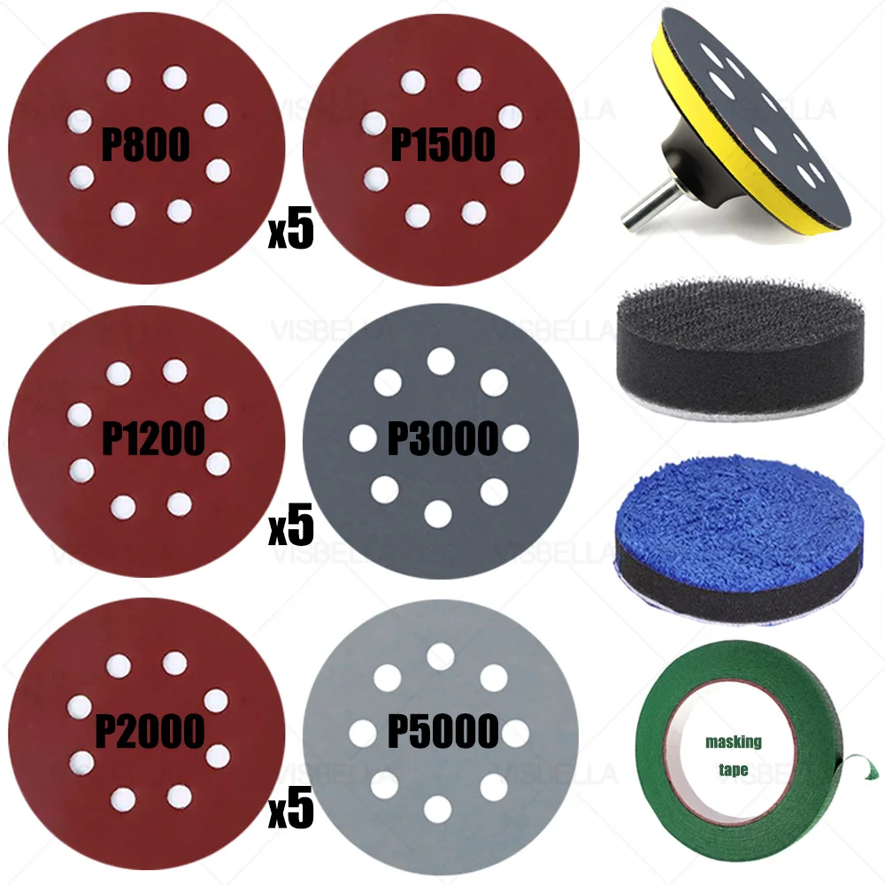 

5 Inch Sandpaper Sanding Disc Hook Loop 8 Hole Sandpaper Pads For Metal Wood Car Wheel Headlight Polishing Kit P800-P5000 125mm
