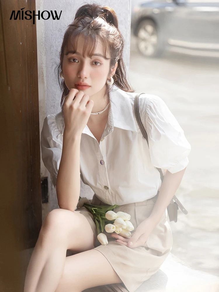 Рубашка-поло женская однобортная с коротким рукавом и воротником-фонариком