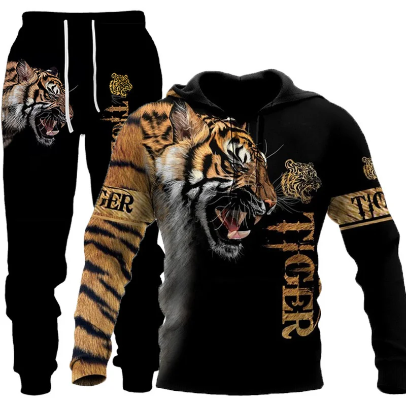 

Мужской комплект с толстовкой с капюшоном и принтом тигра, мужской спортивный костюм с Львом, пуловер, куртка, брюки, спортивный костюм для осени и зимы