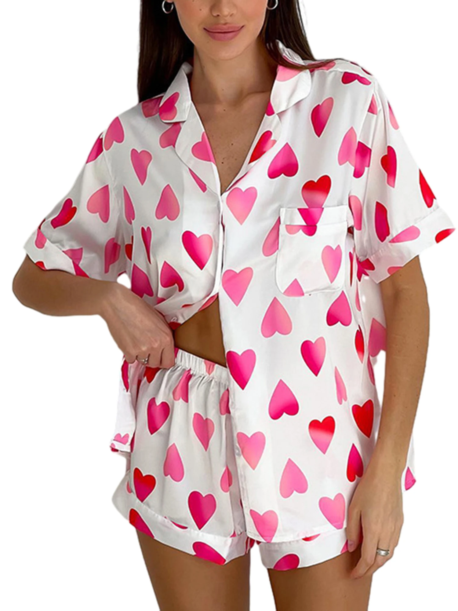 

Женский Шелковый пижамный комплект с кружевной отделкой, рубашка с коротким рукавом на пуговицах и шорты с эластичным поясом, одежда для отдыха, одежда для сна из 2 предметов