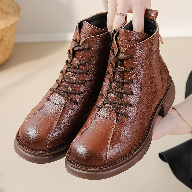 

Luxury Lace Up Western Boots Woman Waterproof Real Authentic Leather Shoes Mom Ladies Fur Booties Gothic Girl Women Ankle Boots