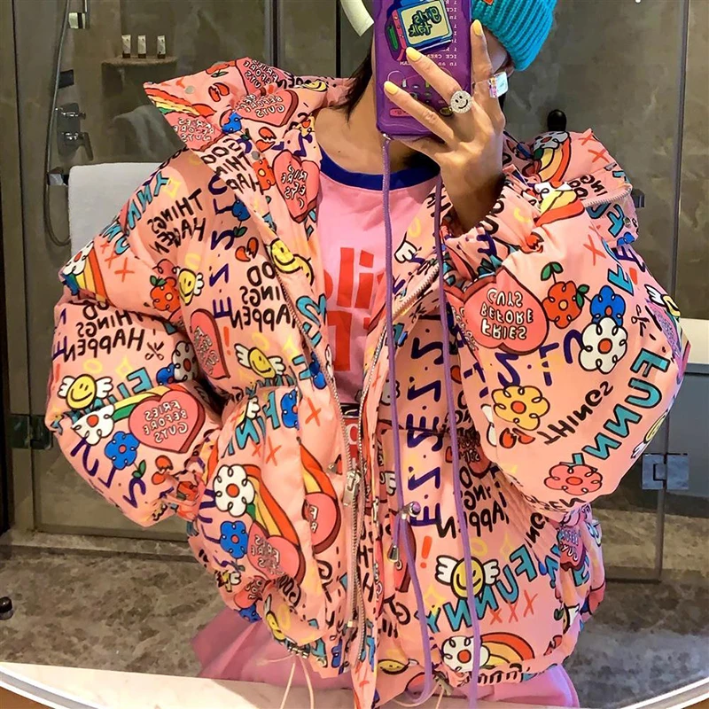 New Women's Puffy Jacket Graffiti Loose Bubble Jacket Thick Warm Hooded White Duck Down Bread Jacket Women Winter Jacket Women