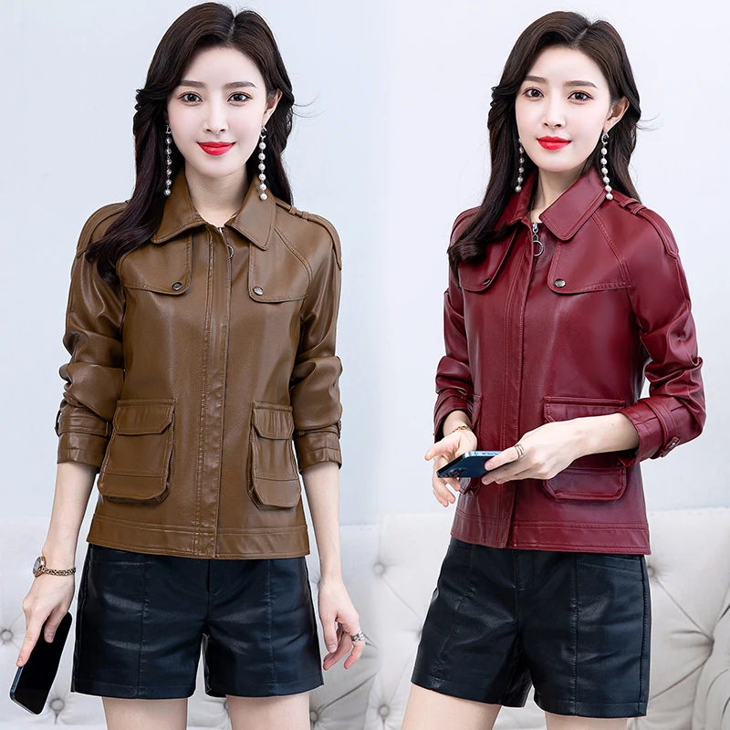 KoHuiJoo Faux Leather Jackets Women Plus Size Korean Elegant  Fashion Long Sleeve Slim Short Leather Jacket Formal PU Coat M-6XL