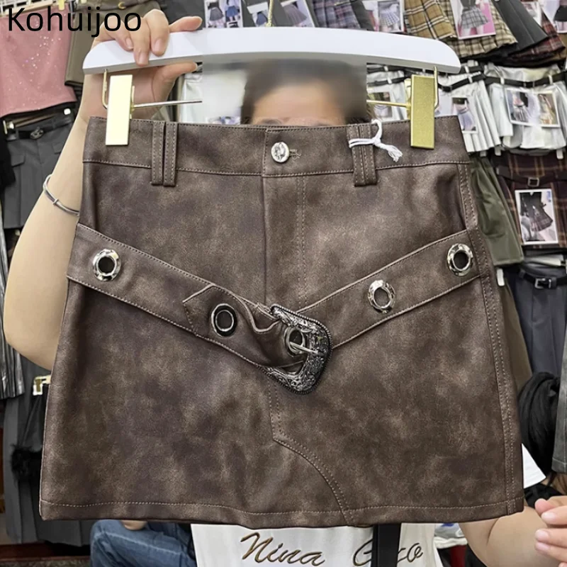 

Новинка, осенняя юбка-карго Kohuijoo из искусственной кожи, Женская юбка в американском ретро стиле, привлекательная мини-юбка с ремнем для девушек, короткая юбка