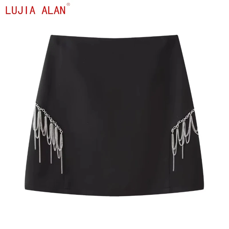

New Women Chain Tassel Decoration Black Mini Skirts Female Casual High Waist Loose Street Clothing LUJIA ALAN P5288