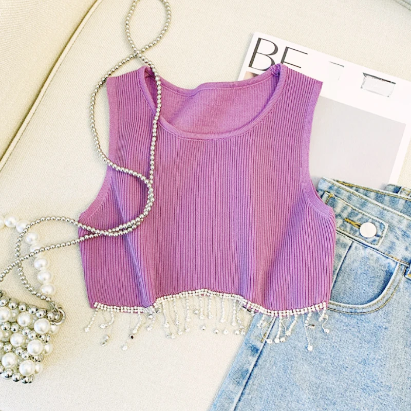 Женский Пурпурный трикотажный топ без рукавов эластичный однотонный