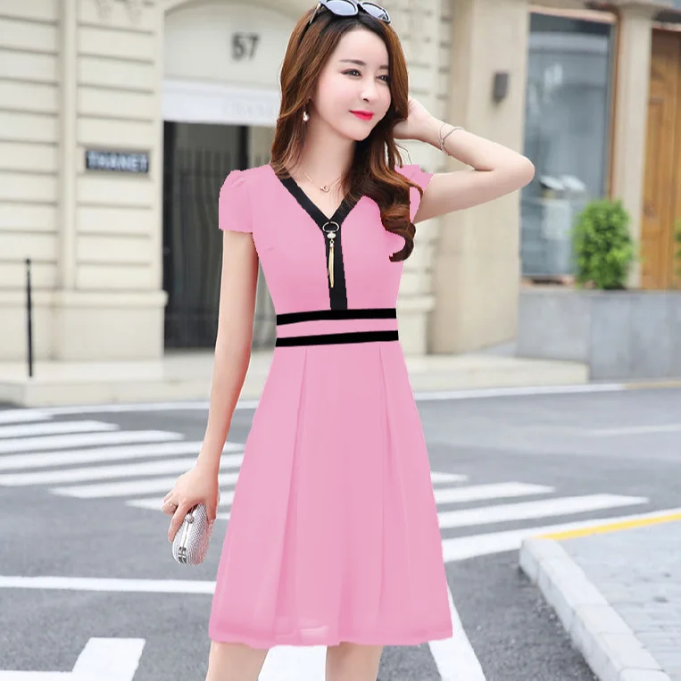 

Женское шифоновое платье-трапеция, длинное однотонное платье с коротким рукавом и V-образным вырезом, модель A423 на лето, 2022