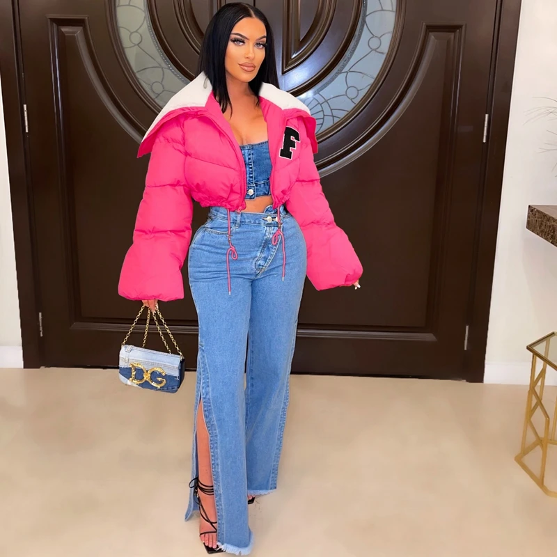 2022 Casual Solid Letter Embroidery Parkas Long Sleeve Zipper Cropped Puffer Jackets For Women Winter Drewstring Warm Thick Coat