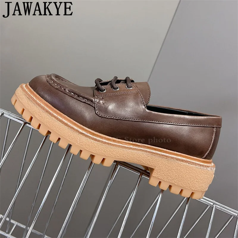 Туфли женские из натуральной кожи лоферы круглый носок толстая подошва на