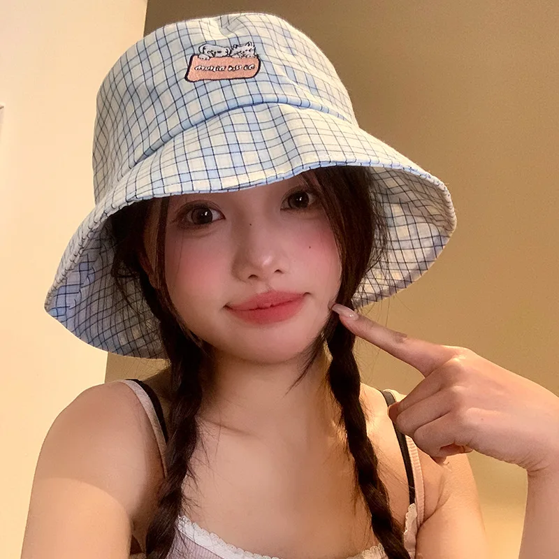 Синие панамы в клетку с милым щенком и вышивкой для женщин весенне-летние